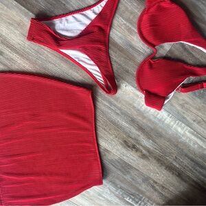 Vibrant Red Ribbed Bikini Set with Skirt